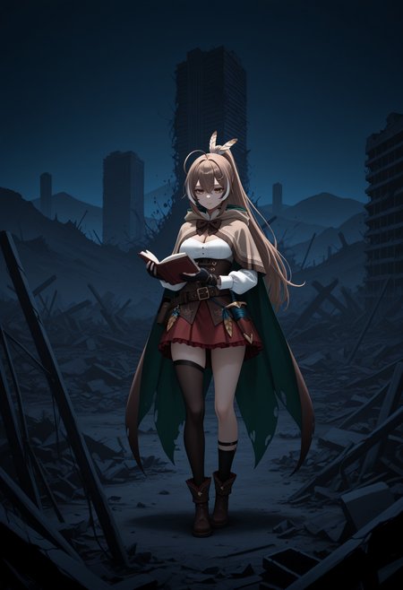 masterpiece, best quality, 1girl, solo, N4nashiDef, brown eyes, brown hair, long hair, streaked sidelocks, ahoge, ponytail, feather hair tie, hairclip, brown capelet, brown bowtie, two-sided cape, green cape, white shirt, high collar, cleavage cutout, brown corset, partially fingerless gloves, black gloves, brown belt, belt pouch, sheathed, red skirt, uneven legwear, black thighhigh, black kneehigh, ankle boots, outdoors, wide shot, holding book, ruins, landscape, hills, debris, destruction, destroyed building, skyscraper, sorrow, expressionless, dark theme, horror \(theme\), night, darkness, dagger, sheathed, three quarter view, <lora:ChamNanashiMumeiNoob:1>