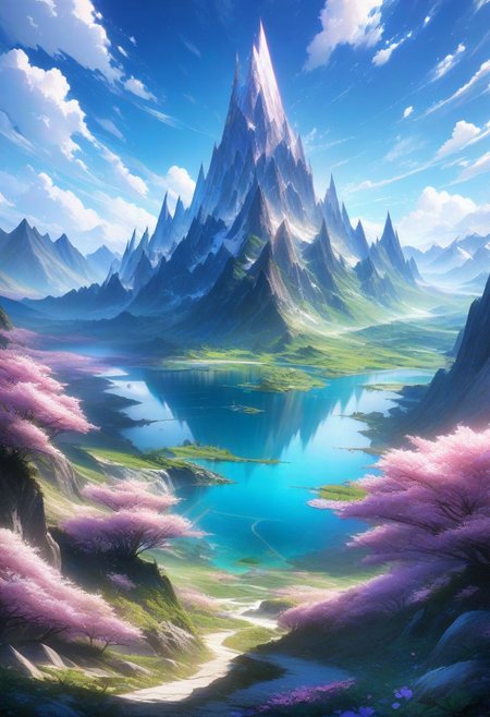 (ultra high res:1.4), (masterpiece:1.4), (beautiful lighting:1.4)  Serene mountain lake nestled amidst towering peaks, lush greenery, and vibrant blossoms. Bright sunlight illuminates the crystal-clear water, accentuating distant snow-capped summits under a vivid blue sky adorned with fluffy white clouds. Fantasy game art design captures the majestic scenery with wide-angle perspective and high resolution.