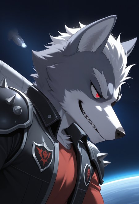 masterpiece,best quality, amazing quality, 1boy, solo, wolfSF, wolf boy, eyepatch, red shirt, 64 black vest, 64 pauldrons, close up, side angle, evil smirk,

 
space, space ship, 