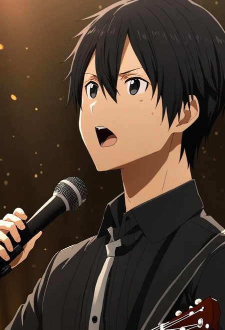 high resolution, solo, best quality, 1Boy, Kazuto Kirigaya, Black Hair, Black Eyes, singing, portrait, dept of field, virtual concert, playing musical instrument, OverallDetail
