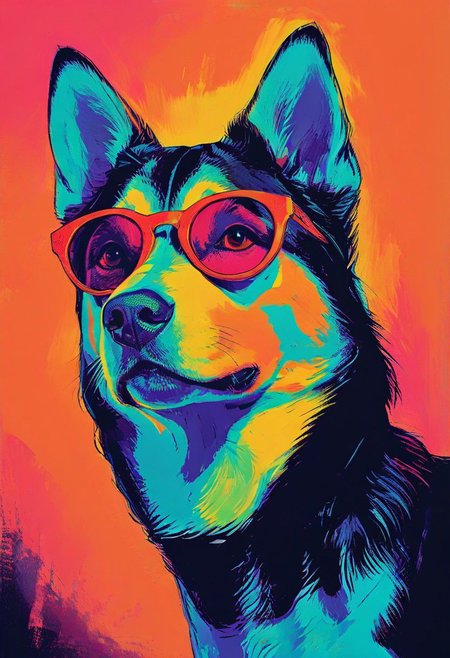 impactful color paint of, a husky puppy wearing dark sunglasses, highly detailed, vibrant colors , 8k, sharp, professional, clear, high contrast, high saturated, , vivid deep blacks, crystal clear