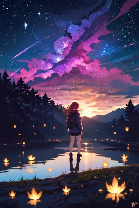 PDXL, source_anime,  <lora:SaishoV1:1>, s4ish0, 
giant lake, night sky, stars, galaxies, 
volumetric reflections, volumetric shadows, HDR, shot on Canon DSLR
