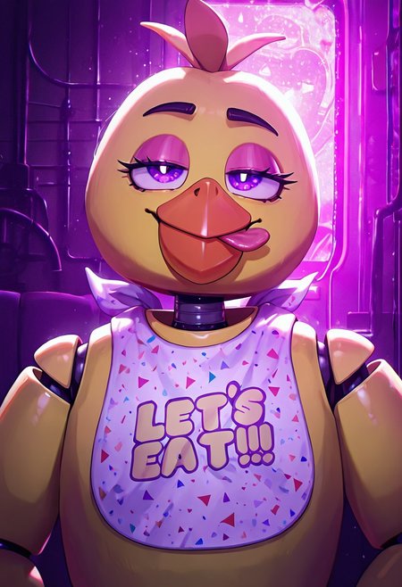 masterpiece, best quality, amazing quality, very aesthetic, absurdres, newest, detailed background, foreground blur, cartoon, screencap, 
chica, 1girl, beak, bib,  joints, animatronic
bright, purple eyes, smug,, closed mouth, tongue out, upper body, half closed eyes,