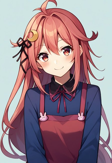 score_9, score_8, score_7, source_anime, uzuki (kancolle), crescent hair ornament, rabbit hair ornament 1girl, solo, looking at viewer, blush, hair ribbon, long sleeves, smile