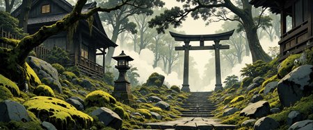 Moss-laden torii gates shrouded in morning mist, rendered in nihonga style with delicate mineral pigments on washi paper. A solitary stone lantern stands sentinel amid a forgotten path, overgrown with vibrant emerald moss and tiny white mushrooms. Sunlight filters through dense cedar branches, creating komorebi patterns on the ancient stone steps. Traditional gold leaf accents illuminate the dampness clinging to weathered wood structures. The composition embodies the wabi-sabi aesthetic, celebrating imperfection and temporal beauty in the slow reclamation by nature. Muted palette of forest greens, stone grays, and earthy ochres, with touches of vermilion peeking through mossy veils. The ethereal scene evokes yugenâa profound, mysterious sense of the universe's beautyâthrough the balance of detail and negative space. Soft atmospheric perspective suggests spiritual depth within this liminal space between human structure and untamed wilderness. <lora:New_Fantasy_CoreV4_FLUX:0.4> <lora:bm-goth_epoch_1:0.1> <lora:Fancha_style_v.5:0.4> <lora:Chris_Luka:0.2> <lora:Illustration concept Variant 3A:0.7> <lora:flux_dev:1>