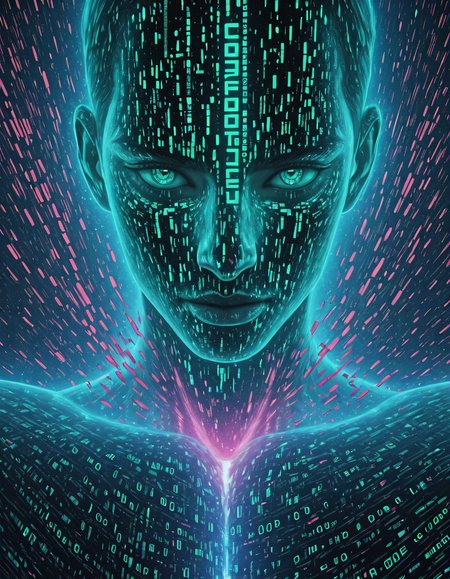 Glitchcore Art Style, detailed, mmatrix-style, silhouette, code, text focus, glitch, digital dissolve, 1boy, dynamic, dramatic, distorted, vibrant colors, glitchcore art style