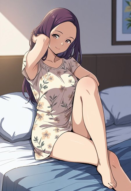 masterpiece, very aesthetic,8k, best quality,stepmomman, floralstepmomdress, floral pattern, 1girl, barefoot, long hair, dress, breasts, purple hair, brown hair, smile, floral print, armpits, knee up, on bed, sitting, short sleeves, bare legs, pillow, feet, bed,impressionism, high detail, depth of field, blurred background, dramatic lighting,