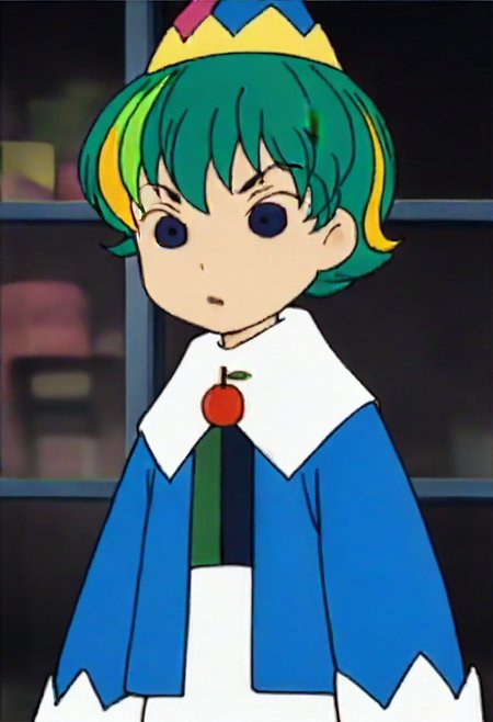 hat, green hair, multicolored hair, long sleeves, short hair, cherry, fruit, 1girl, blonde hair, black eyes,,,,,,,,,,, ,,,,,anime coloring,anime screencap, 1girl,Solo ,, anime,,,,official art, Uncensored ,Unedited ,,,,, ,,,,,,