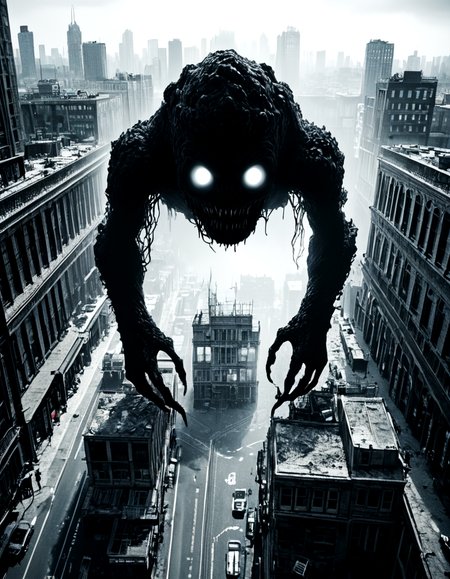score_9, score_8_up, score_7_up, horrorcctvlora, monochrome, city, window, greyscale, glowing, blurry, giant, dark, glowing eyes