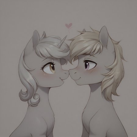 a pink unicorn mare with blue mane and yellow eyes, looking right, bedroom eyes, open mouth, female, a blue pegasus stallion with yellow mane, purple eyes, feathered wings, looking left, looking down, blushing, (male:1.3), a unicorn and a pegasus, cute, looking at each other, hearts, nuzzling
