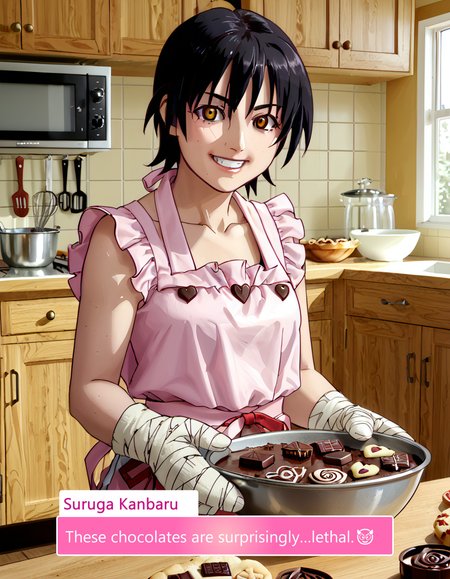 score_9, score_8_up, score_7_up, source_anime, anime screencap, baking valentines cookies, looking at viewer, blush, smile, gloves, holding, frills, food, indoors, apron, chocolate, cookie, oven mitts,  
vintage-inspired kitchen, heart-shaped cookie cutters, festive themed mixing bowl, cinnamon and vanilla scent, delicate sugar decorations, cute baking apron with lace, softly glowing fairy lights,  
warm wooden countertops, cookie dough rolled out, pink and white striped napkins, intricate chocolate drizzle, whipped cream piping bag, neatly arranged cookie tin, soft golden hue from oven light,  
glass jar filled with heart candies, cozy homemade atmosphere, festive oven mitts with tiny hearts, gentle flour dusting over counter, pastel pink ceramic plates, love notes written on recipe pages, Suruga Kanbaru, Short, black hair, Yellow eyes, Bandages on left arm, Athletic build, Tomboyish style, Gap in teeth, Dark skin tone, Scars on arms, Casual clothing, Sneakers, Suruga, short hair, black hair, brown eyes, school uniform,