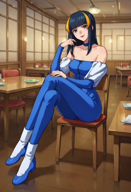 score_9,score_8_up,score_7_up,score_6_up,score_5_up,score_4_up,anime coloring,source_anime,<lora:Aisha_Gundam_SEED_Pony:0.8>,aisha,1girl,solo,green eyes,black hair,streaked hair,long hair,lipstick,blue bodysuit,bare shoulders,detached sleeves,blue shoes,smirk,sitting,indoors,room,table,chair,european architecture,