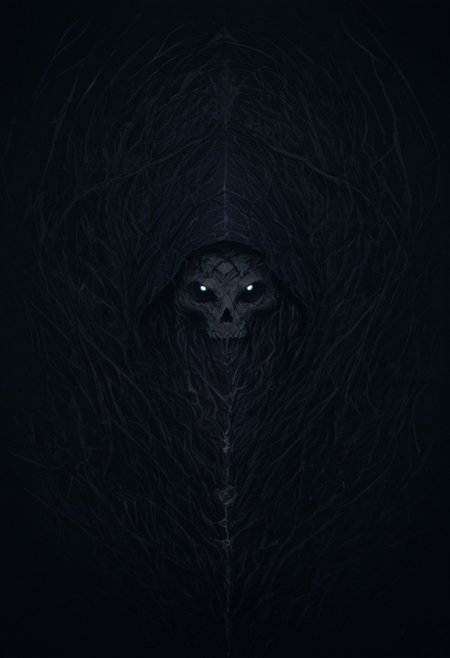 score_9, score_8, score_7, score_6_up, style "A dark, hooded figure siting in the midst of thick fog on a Throne. The creature's eyes glow with hellish fire, as if the darkness itself is pouring through them. Its face is covered in shadow, but from beneath the dark purple hood, a vicious yellow skull can be seen, twisted with malice. A clawed hand reaches forward, as if calling or cursing. Magical energy swirls around it, like smoke, poisoning the air with an ominous aura. This creature is an embodiment of horror, a creature of deep nightmares, guarding the secrets of an ancient curse."armor, full armor, knight, skull, mask, horns, pauldrons