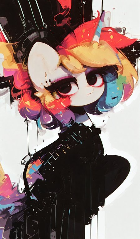 [abstract:0.90], masterpiece, best quality, very aesthetic, dynamic composition, chromatic aberration, 1girl, rainbow_dash \(my little pony\), , flirting,Majestic pose,white background, [abstract:0.9], [minimalism:0.9], [Abstract character:0.9], [outline:0.9], [surreal composition:0.9], hkcharacter, cartoonyillustrious,