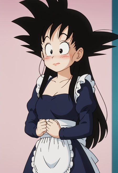 score_9, score_8_up, score_7_up , , source_anime, intricate details, masterpiece, high quality, prefect hands, best quality,upper body , 1girl, solo,  anime screencap,
embarrassed 
, GGoku , black hair, black eyes, big eyeballs , spiked hair , long hair  ,    eyelash , lips  , cute , blush , medium breast,    <lora:GGoku-000003:0.7>,  
 indoor ,   <lora:maid_Pony_V1.0:1> , jyojifuku,frills,kneehighs,apron , black dress ,  <lora:pony_good_hands:0.9> , good_hands ,
