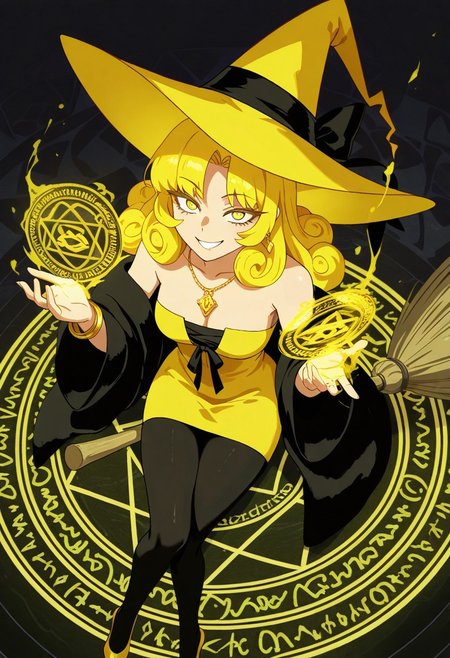 very awa, masterpiece \(quality\), year2024, year2023, West Studio, (vibrant colors), (high contrast:1.3), masterworks, best quality, amazing quality, very aesthetic, absurdres, (detailed eyes:1.5), expressive face, anime studio, anime art, (good hands:1.3), (better hands:1.3), (perfect hands:1.3), (dutch angles), from above view, ((looking towards viewers)), overview, BYQJ, long eyelashes, expressive eyes, perfect eyes, no outline, haiz_ai, no lineart, taro, tarot, ((the chariot)), ((vii)), colorful, full color:1.3, 
solo, female, (mature), yellow eyes, yellow hair, long hair, curly hair, side bangs hair, small-medium breasts, grin smile,
yellow witch hat with black ribbon, yellow minidress, bare shoulders, strapless, gold earrings, gold necklace, gold bracelets, black fur coat, pantyhose, yellow heels,
(conjuring yellow magic on her hand:1.5), (broom ridding pose:1.5), (side saddle pose:1.3), (sitting on the flyingbroom:1.5), (flying:1.3), (floating:1.3), mid air:1.3, (yellow magic circles forming around her:1.5), (intricate details and patterns on the magic circle:1.5)
abstract background, magical theme, magical background,