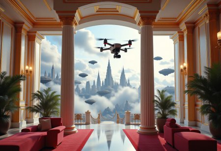 the most realistic, photorealistic photo ever taken [Fast FPV drone flythrough inside a luxurious mansion leading to a majestical city in the clouds, a GIRL FANTASY dream world with tall and modern skyscrapers, BRIGHT COLORS, floating islands in the sky, shifting landscapes, and ethereal creatures, Captured with a Hasselblad X2D 100C and an 80mm f/1.9 lens, hyper-realistic textures, elegant shadows, incredible realism, creamy bokeh, ultra-detailed textures, perfect lighting], aidmamj6.1, aidmaimageupgrader