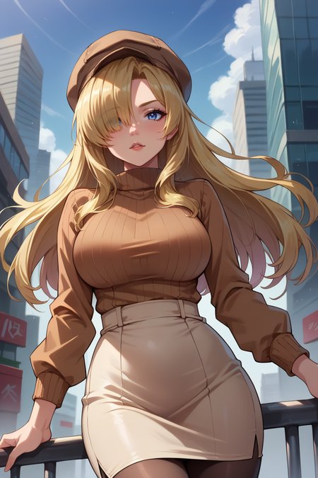 score_9, score_8_up, score_7_up, score_6_up, source_anime, BREAK 1girl,  <lora:sniperwolf-pdxl-nvwls-v1-000006:1> snprwlf, blonde hair, hair over one eye, brown sweater, cabbie hat, large breasts, city, pencil skirt, looking at viewer, pantyhose