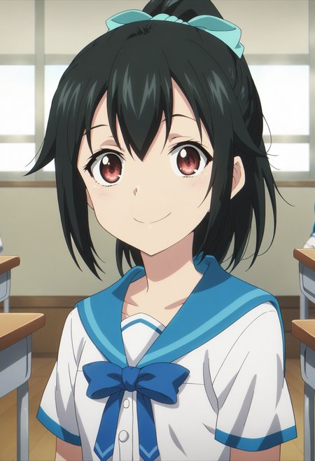 score_9, score_8_up, score_7_up, score_6_up, score_5_up, score_4_up , anime coloring ,BREAK source_anime, anime,screencap,
1girl, solo, nagisaa, white school shirt, blue bow, school uniform, serafuku, sailor collar, blue skirt, plaid skirt,  <lora:PonyXL Nagisa Akatsuki  V2:1>
indoors,classroom,
smile, looking at viewer, upper body