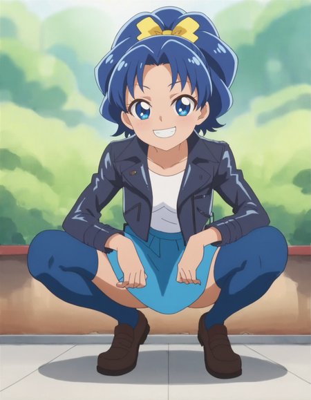 score_9, score_8_up, score_7_up, anime screencap, solo,1girl, tategamiaoi,blue thighhighs, skirt,smile,leather jacket, zettai ryouiki, blue skirt, looking at viewer, shirt,  ribbon, happy, bow,cowboy shot,small breasts,squatting,<lora:tategamiaoi:0.8>