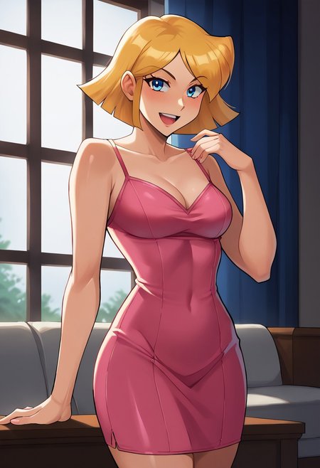 score_9, score_8_up, score_7_up, BREAK source_anime,1girl, clover \(totally spies\), blonde hair, short hair, blue eyes,  looking at viewer, bare shoulders, medium breast, open mouth,<lora:brj-clover-ponyXL-v0.6:1>, a short pink bodycon dress, a pink spaghetti strap dress, sexy pose, smile, flirting, indoors, standing up, living room, night, window lighting, high res image, masterpiece, window lighting, 43stl1ght1ng, low light, dramatic lighting, cowboy shot,