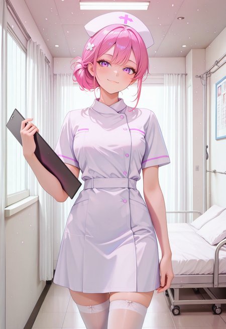 safe_pos, masterpiece, newest, absurdres, incredibly absurdres, dynamic angle, epic composition, epic proportion, best quality, amazing quality, very aesthetic, detailed background, detailed environment, highres, newest, 
animated, corridor,
hospital, sunshine, window, white curtain, white wall, 
soft light, particles,
pink hair, 1girl, solo, nurse,  simple hair ornament,
(sexy, hot, lewd, slutty), beautiful breasts, tied hair, thin waist,
nurse uniform, white stockings, nurse cap,
slightly smile,
(holding chart board:1.2), tilt head, standing, looking at viewer,