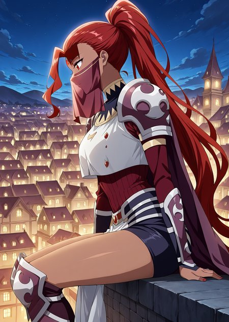 <lora:Huo_Zhi__Battle_Through_the_Heavens__Illustrious:1>
1 girl, solo, dark skin, dark-skinned female, red eyes, red hair, long hair, ponytail,
armor, shoulder armor, mouth veil, forehead mark, cape
score_9, score_8_up, score_7_up, score_6_up, source_anime, masterpiece, best quality, absurdres, highres, newest, anime coloring <break>  1girl, solo, sitting, on wall, from side, town, night sky, cloud