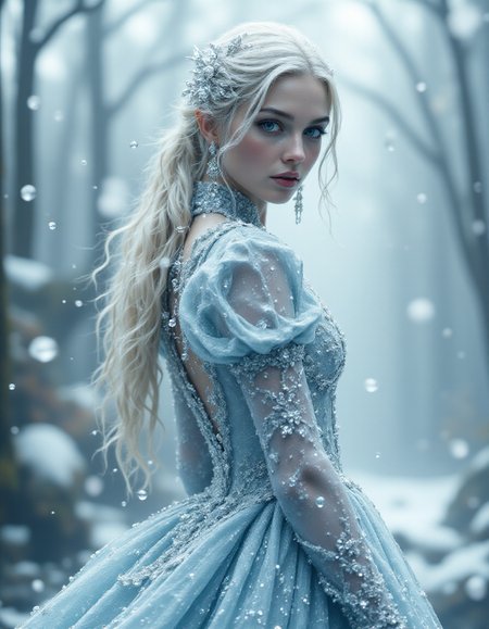 a surreal landscape photo, ethereal and dreamlike with soft light, low contrast, high detail, natural light, muted tones, wide-angle, atmospheric, serene, tranquil, misty, 35mm lens, f/4, contemplative, minimalist, otherworldly
<lora:ck-waterworld:1> ck-wtr a horse made of clear ice and water behind her snow and ice snowflakes swirl around her,
a modern fashion style cinematic image displaying her full stunning body and dress, a stunningly beautiful slim 20 year old young woman with white blond hair and blue eyes, 
wearing a stunning ice blue dress with puffy sleeves with crystal ornaments and pins in the shape of snowflakes and beautiful ice motifs on her dress, wearing elaborate costumes that are predominantly blue white and gold, with intricate designs and embellishments that suggest a royal or fantasy theme. <lora:Ethereal_Alien:0.4>ethereal alien,<lora:aidmaFluxPro1.1Stylev0.2:0.8>, <lora:aidmaMJ6.1v0.4:0.6>, <lora:sss:1> solo, sss, subsurface scattering, translucent skin, realistic, flurries of snow