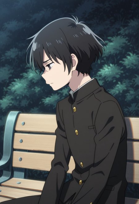 masterpiece,best quality,amazing quality, source_anime, 
MioChibana, 1boy, male focus, solo, black eyes, black hair, short hair, school uniform, gakuran, jacket, black jacket, buttons, bench, sitting, profile, sad,