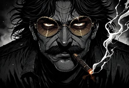 1male, masculin, mature ,mustache, dark hair, italian, smoking cigar, gold-trimmed shades, boxercut, face focus, close up, half of face visible, glimming cigar
angry, serious, shadow over eyes, enraged, hatred, confident, 
GOTAV1.0,  <lora:Gothic-Anime-V1.0_IL:1>,, masterpiece, best_quality, amazing_quality, very_aesthetic, 8k, high_quality, highres, absurdres, subject_focus,, detailed eyes, perfect eyes, realistic eyes,, greyscale, dark theme, eerie atmosphere, spot color, monochrome,