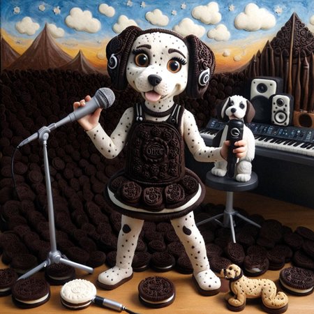 dog girl dressed in an elaborate collection of made of creamy cookies covering her in a majestic way holding microphone, music studio, painting of cute cookies, pg safe
