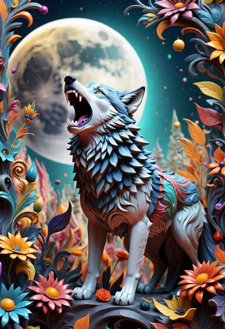vivid colorful realms of your mind, abstract details fall apon a wolf that howls to the moon, distinctive visuals, Full 3D, Intricate, sharp details, UHD, (3D Framed, Flowers)