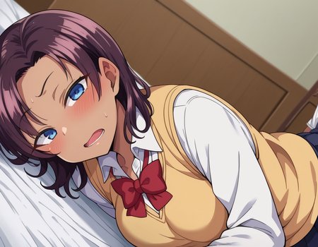 score_9, score_8_up, score_7_up, source_anime,
saehinata, <lora:sae-hinata-ponyxl-lora-nochekaiser:1>
sae hinata, blue eyes, purple hair, dark skin, dark-skinned female,
shirt, bow, school uniform, white shirt, collared shirt, bowtie, red bow, sweater vest, brown sweater,
indoors, bed, bed room, on side, blush, drunk,
looking at viewer, dutch angle, cowboy shot,