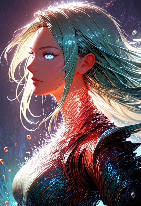 (score_9, score_8_up), score_7_up, zPDXL, solo, <lora:MythAnim3Style:0.8>, MythAn1m3,  source_anime, 1girl, mermaid, dark mysterious backgroud, Iridescent eyes, aquatic scene, dreamlike atmosphere, mystical, ethereal light, detailed textures, whimsical, rippling, dripping, water element, very long cascading hair, water, very beautiful, sexy, sexy body, beautiful body, scales, wet body, Iridescent scales, bubbles, water drops, Iridescent skin, multi colored eyes, partially underwater shot, watce, bioluminescent skin, bioluminescent, glowing, bioluminescent scales, bioluminescent hair,  FastNegativeV2, laser light clothes, submerged breast, water line on lense, view from under water, light hair