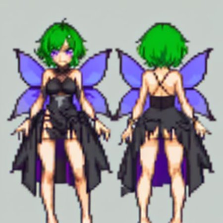 gothic, anime, evil fairy,a short ripped dress, red nails, long light green hair, evil face, fairy, dark fantasy, fairy wings with a poisonous pattern, small boobs,  simples background, purple eyes, barefoots, gbaportrait, model sheet, chara-sheet