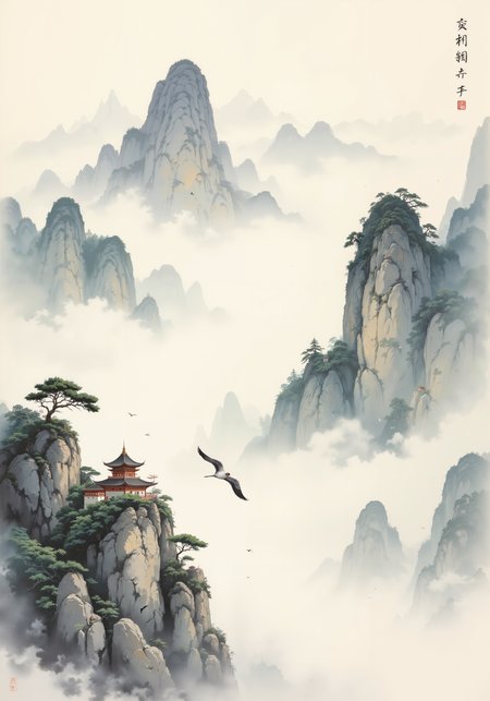 A refined shanshui painting depicting the ethereal connection between heaven and earth through divine mist. Masterful ink wash technique on aged rice paper, portraying towering karst mountains emerging from swirling clouds, rendered with confident dry brush strokes and delicate wet ink gradations. A solitary crane glides between peaks, symbolizing longevity and transcendence. Middle distance reveals a small Taoist temple nestled on a cliff, with minute architectural details executed in precise gongbi style. Verdant pine trees cling to precipitous slopes, their resilience embodying Taoist principles of natural harmony. The composition balances dramatic vertical elements with tranquil horizontal planes of mist, creating rhythmic movement throughout the scroll. Subtle mineral pigments in muted greens and blues enhance the monochromatic ink palette. The work embodies the Song Dynasty aesthetic philosophy of capturing spirit resonance (qiyun) rather than mere visual resemblance, inviting contemplation of the Taoist concept of emptiness and fullness. <lora:ç»ªå¿ CGé£æ»¤éFLUX:0.3> <lora:aidmaFLUXPro1.1-FLUX-v0.3:0.4> <lora:sxz-Dark-Fantasy-v2-Flux:0.4> <lora:zyd232_Ink_Style_Flux1D_v1_1:0.3> <lora:Anime realistic V1:0.4> <lora:flux_dev:1>