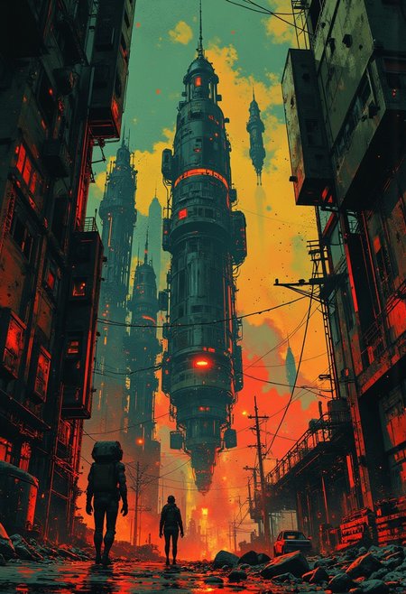 mythp0rt, abstract painting, gradient vibrant neon colours, sci-fi towers and skyscrapers in a futuristic alien cityscape
