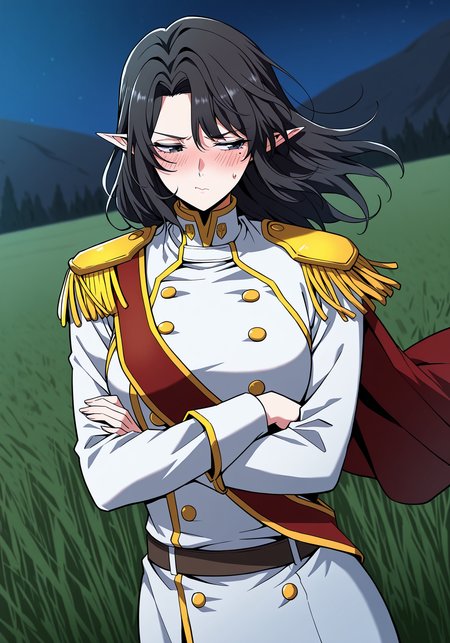 <lora:Aya_Grephin__The_Beginning_After_the_End__Illustrious:1>
1 girl, solo, female elf, medium length black hair, pointed ears, mole under left eye, black eyes, 
white military uniform with gold trim, gold shoulder pads, red sash, high collar, double-breasted buttons, golden epaulettes, detailed uniform folds, white pants, 
score_9, score_8_up, score_7_up, very aesthetic, source_anime, detailed, high quality, beautiful, masterpiece, detailed eyes, field, blurry background, pose dynamic angle, upper body, cowboy shot, floating hair, half-closed eyes, arms crossed, looking to the side, pouting, sulking, embarrassed, night