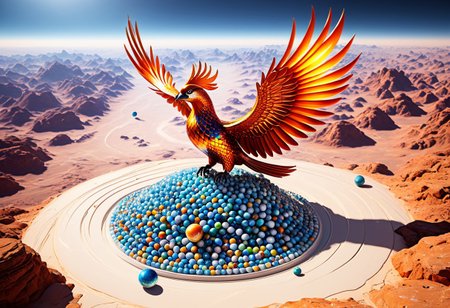 lazypos, made of marbles, exotic and primordial scenery on a distant world, a phoenix flying