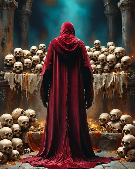hooded human sorcerer standing in evil temple near a pile of skulls, raised dais, viewed from behind, velvet robe, volumetric lighting, intense colors, <lora:add-detail-xl:1.0>,  <lora:xl_more_art-full_v1:0.4>,   <lora:XSfenlie:1> fenliexl,  <lora:lora:1>, realistic photo