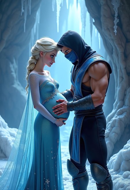 Elsa from Frozen, standing in an icy cavern filled with shimmering icicles, wearing a sparkling, elegant ice-blue gown and cradling a pregnant belly. Opposite her stands Sub-Zero from Mortal Kombat, wearing his signature blue-and-black ninja outfit with a hood and face mask. His muscular arms are bare, and he gently places his hands on Elsa’s belly with a protective and tender gesture. The scene is illuminated by a magical blue glow, with frost and icy textures enhancing the atmosphere, creating a blend of emotional warmth and frosty fantasy