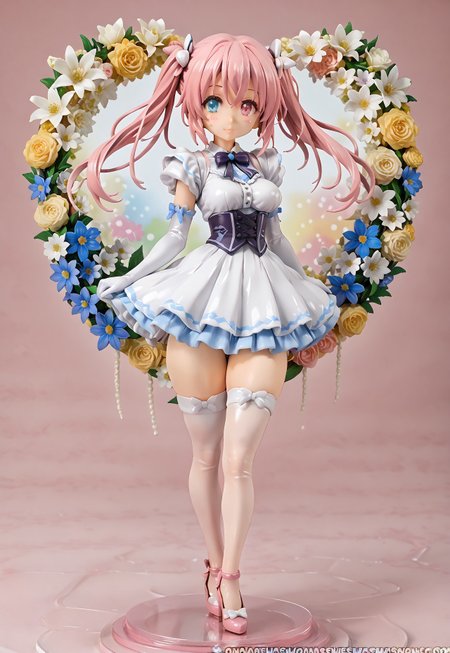 score_9, score_7_up, source_anime, woman, light pink hair, twintails, hair between eyes, sidelocks, heterochromia, blue and pink eyes, gradient eyes, thick eyelashes, medium breasts. white thighhighs, elbow gloves, dress, thick thighs,  pastel colors, flowers pattern background, particles, <lora:aniplex-figurines-ponyxl-lora-nochekaiser:1>, aniplex figurines, 1girl, solo,