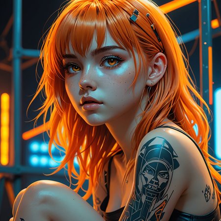 manga style, hyper-detailed portrait of a full-body girl sitting on a steel ladder, profile, cyberpunk, (Mindful Machine Art style, Ilya Kuvshinov, Anna Dittmann), geometric tattoos, perfect orange eyes, direct gaze, bright colors, very contrast high, side lighting, straight orange hair, medium long hair, straight bangs, hair that covers half of the face, blue tones, background with neon structures, hyper-realistic, 3D rendering, 4K