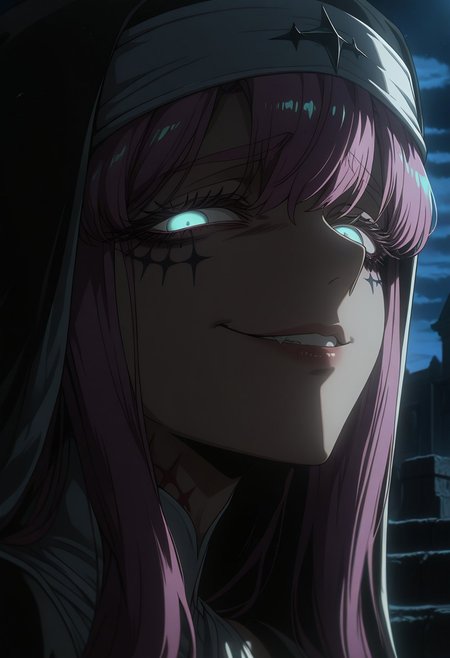 dark_art_style, Sister Gigant, evil smile, parted lips, furrowed brow, leaning towards viewer, (extreme close up:1.3), dramatic lighting, chapel, night time, 
masterpiece, best quality, extremely detailed