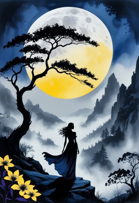Silhouette of a sexy woman amidst a vibrant, stylized landscape. Big moon dominates the upper part. Mountains, fog and forest. contrasted with black, dark blue and gray ink washes reminiscent of a traditional ink painting style. The woman is depicted in an elf-like long dress.  white, dark blue, yellow and black splashes. A large stylized tree with yellow flowers dominates the background, its branches stretching towards the moon. The color palette consists of intense dark blue, purple, deep black, gray and a touch of white. The overall atmosphere is calm, profound and infused with modern cultural aesthetics.  splash and stain art style,
perfection style, vivid colors, colorful, vivid background, holographic, building, sky, sciencefiction, ImaginaryCityScapes, midjourneyv6.1