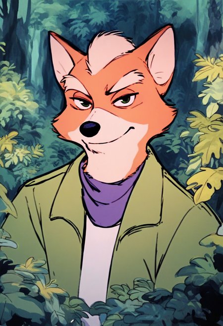 (robinhood:0.7) fox mccloud, in forest, looking at viewer  <lora:robinhood-v2-ponyv6xl:1>, score_9, score_8_up, score_7_up, score_6_up, score_5_up, score_4_up