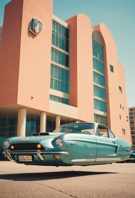 (low angle shot:1.4), an editorial photo of a 1960s (Mustang:0.6) and (Porsche:0.8) style Hovering_Car parked in front of a neo-futurist style building, highly detailed, retro futurism, clean lines, fine art photography, award winning photography, film grain,