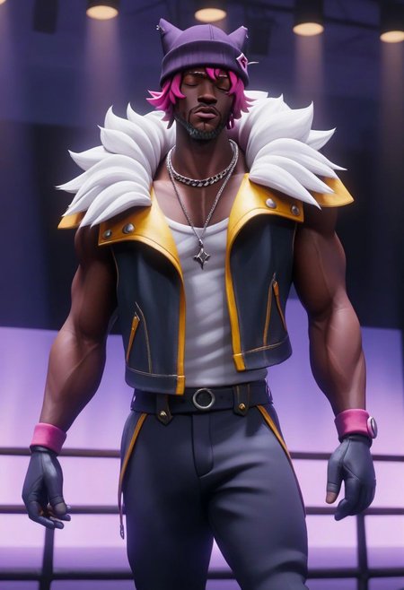 1boy, hrstlxks style, solo, shirt, gloves,  hat, jewelry, closed eyes, pink hair, male focus, sleeveless, black gloves, pants, dark skin, necklace, muscular, dark-skinned male, muscular male, cinematic lighting, cinematic angle, masterpiece, best quality,