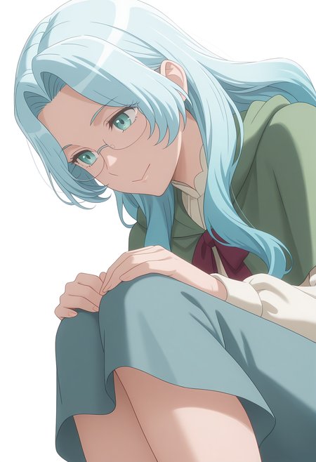 Smooth Quality,masterpiece, ultra realistic,
simple background, white background,
dynamic angle,:>,hand on own knee ,
 <lora:EvaLuria:0.8> Eva/Cnn, Sist2/Cnn, 1girl, glasses, long hair, blue hair,green capelet,glasses,