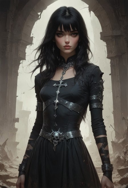 score_9, score_8_up, score_7_up, score_6_up, 1 woman, goth, 80s, age 18,  cute, petite, extremely detailed, high quality, realistic, beautiful brown eyes, Extra small breasts, black dress ,  thick open hair with bangs, dark theme, low light, from hip up, barren landscape with ruins, (masterpiece, best quality, highly detailed, realistic),  muted colors,